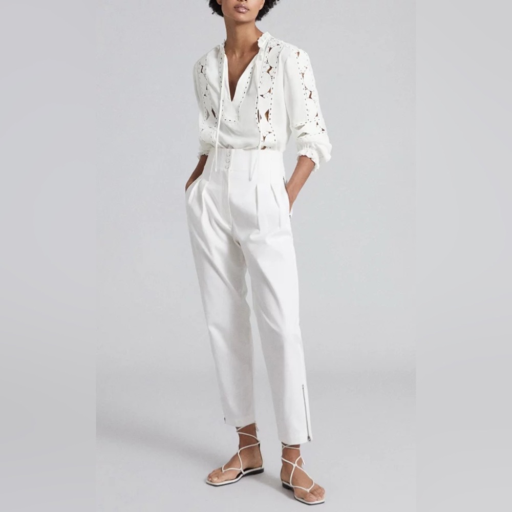 Reiss Serina Cotton Pleated Tapered Trousers Size 8‎ White Cropped High Rise